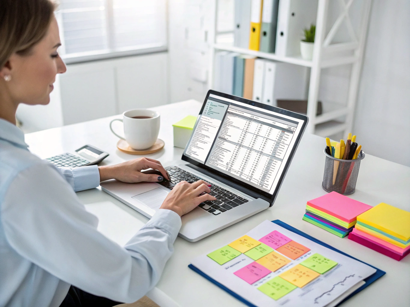 Professional bookkeeper analyzing financial spreadsheets on a laptop